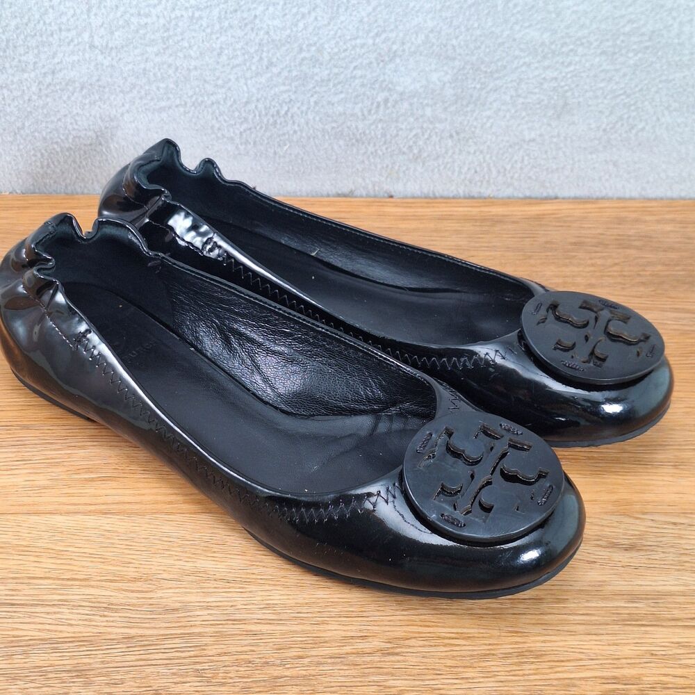 Tory Burch Womens Reva Ballet Flats Size 8.5 Black Patent Logo Travel Shoe Comfy